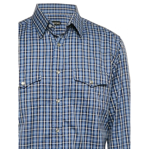 TOM FORD Blue Check Print Button-up Dress Shirt Men Long Sleeve Sz 44, 17 1/2 - Picture 2 of 16